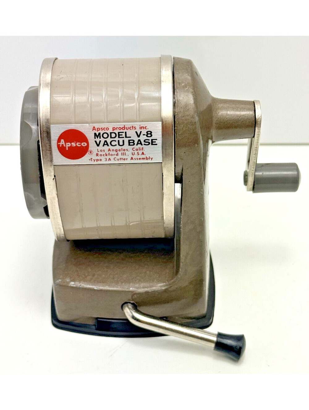 Vtg Apsco Pencil Sharpener Model V-8 Vacu Base Type 3A Cutter USA Hand Turn